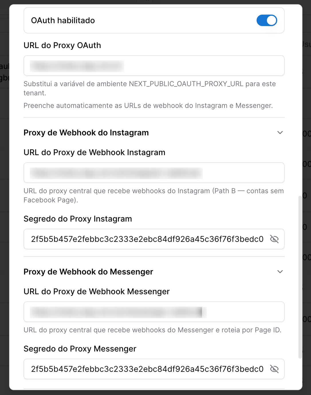 Ajuda Integração Zap - tela de configuração do Tenant - oauth instagram e facebook messenger