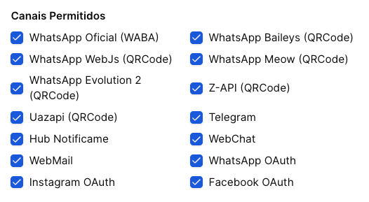 Ajuda Integração Zap - tela de configuração do Tenant - canais liberados