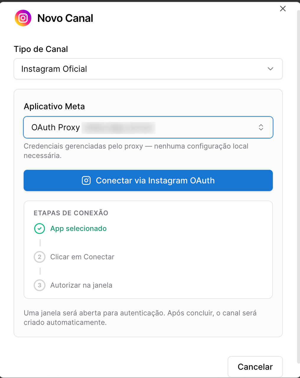 Ajuda Integração Zap - conectar canal instagram